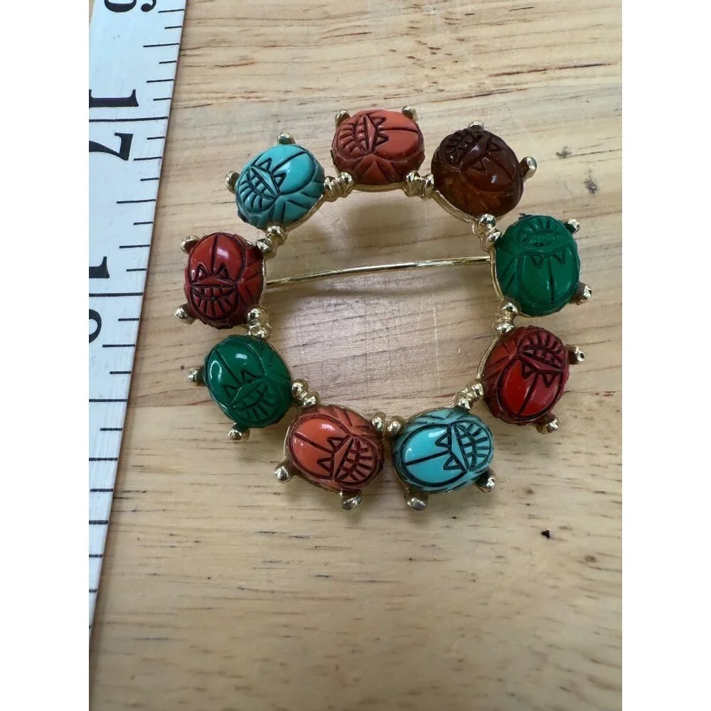 Vintage Gold-Tone Brooch With Multicolored Scarab Gemstones & Egyptian Revival - Picture 8 of 8